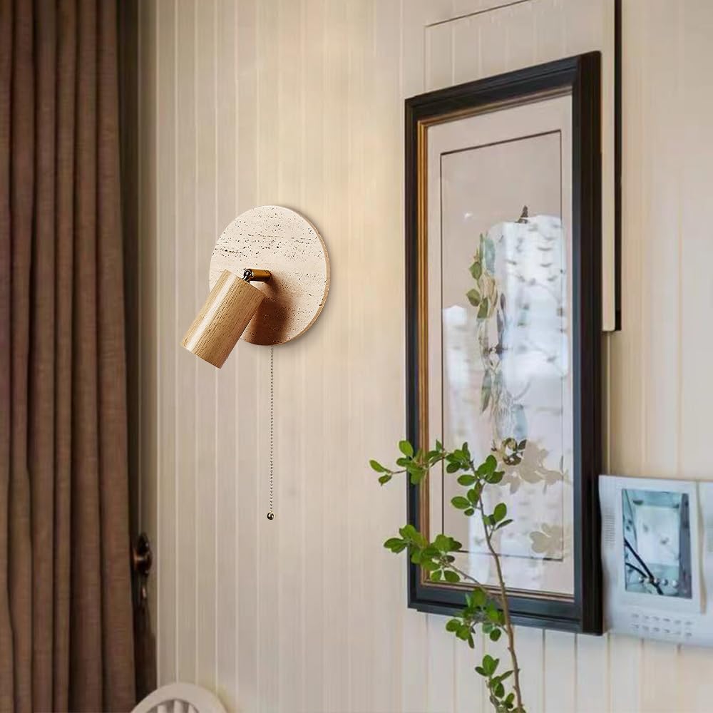 Wabi-Sabi Style Travertine Cylinder Wall Lamp with Pull-chain Switch